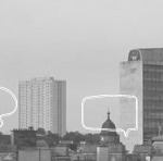 A black and white photo of the Glasgow skyline, with speech bubbles coming up out of the buildings. There is red text that says 