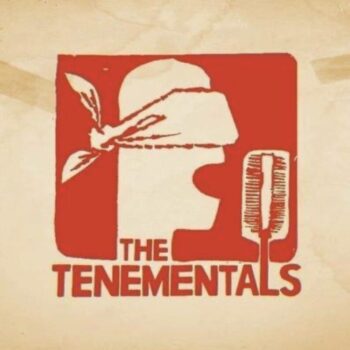 Head with a bandana over the eyes singing into a mic. In red letters it says 'The Tenementals'