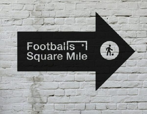 A black arrow pointing right with Football's Square Mil written on it. In the head of an arrow is a white circle with a black outline of a person kicking a ball.