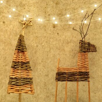 A willow Christmas tree and a willow reindeer decoration with fairy lights long the top